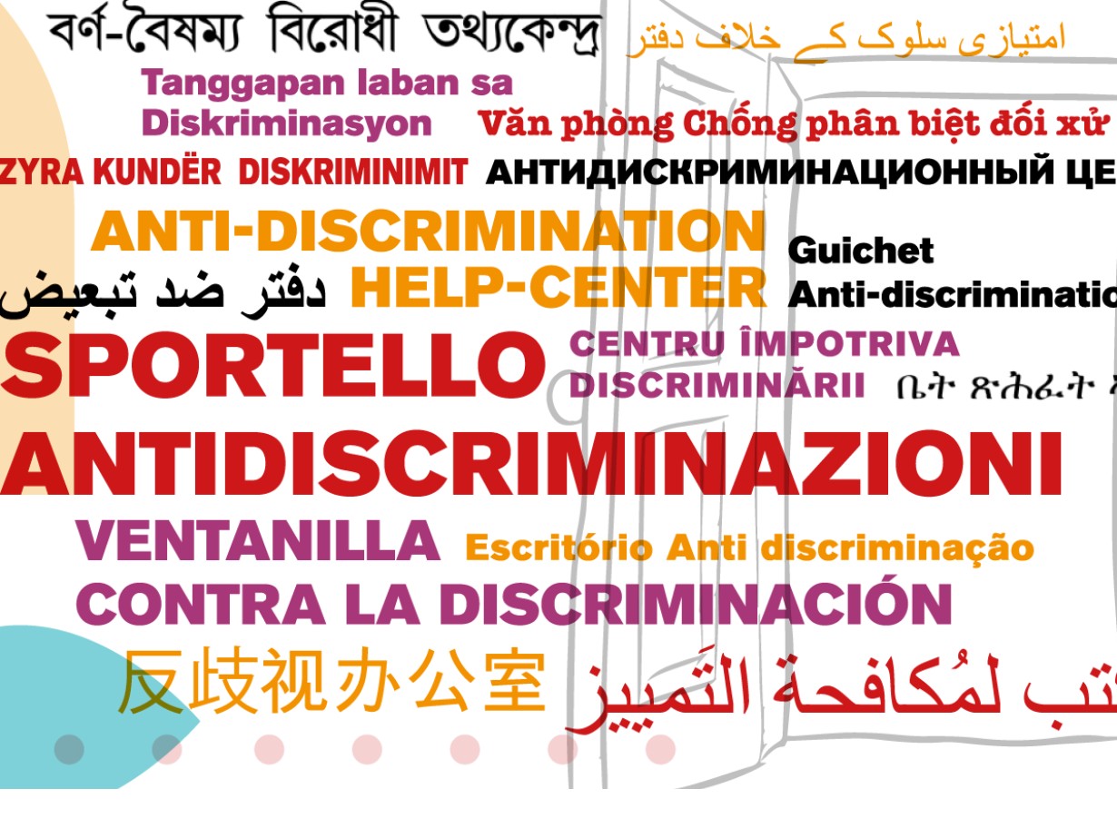 scritta "sportello antidiscriminazioni" ripetuta in moltissime lingue